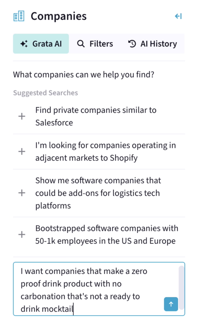 Grata AI private equity platform interface displaying an agentic search prompt input to screen private market targets using natural language queries.