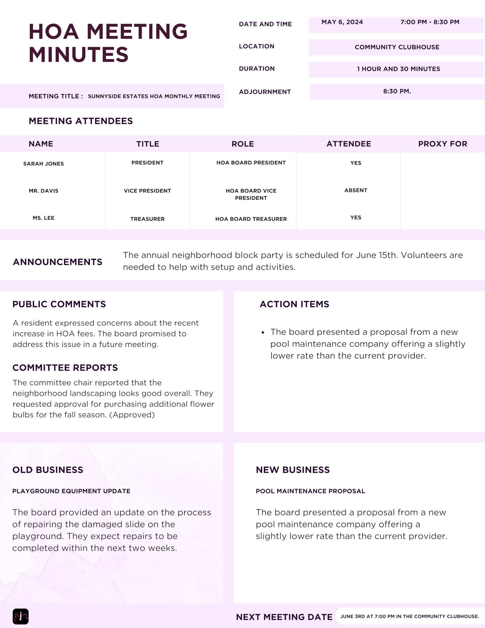 HOA meeting minutes sample template - homeowners association meeting minute free template