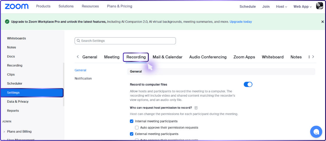 Image Showing the Steps to Sign in to the Zoom web portal at zoom.us in a web browser (this is where global recording settings reside). Navigate to Settings, then click the Recording tab.