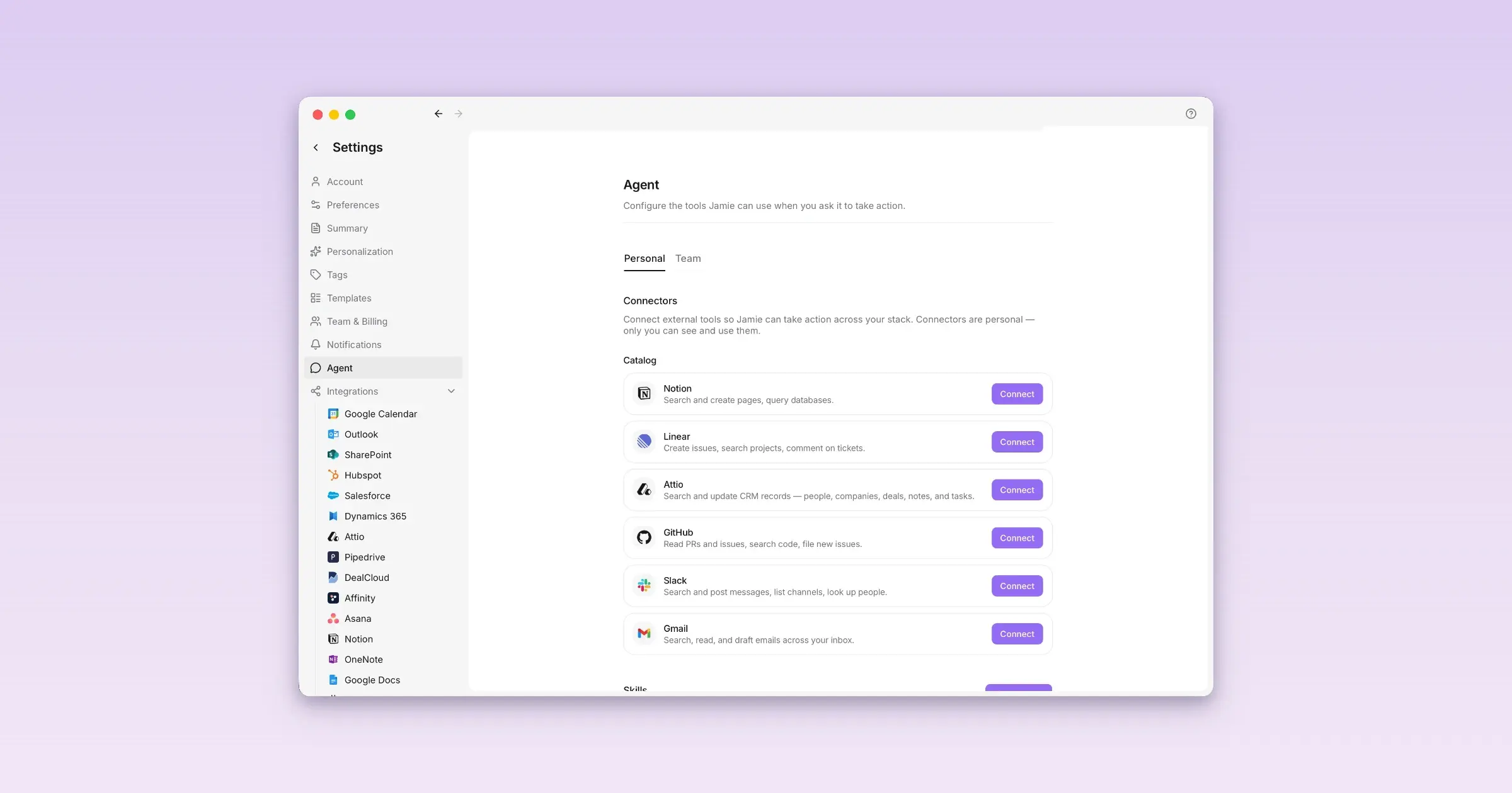 Jamie AI note taker agent connectors: Notion, Linear, Attio, GitHub, Slack, Gmail