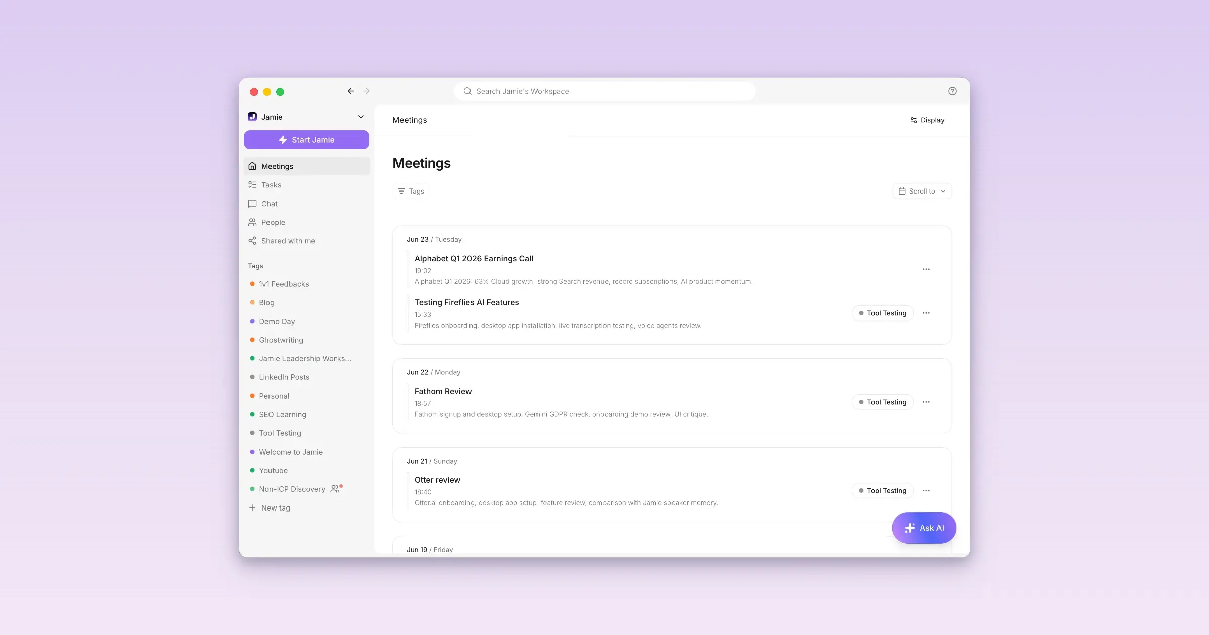 Jamie AI note taker home feed with the meeting list and tag sidebar