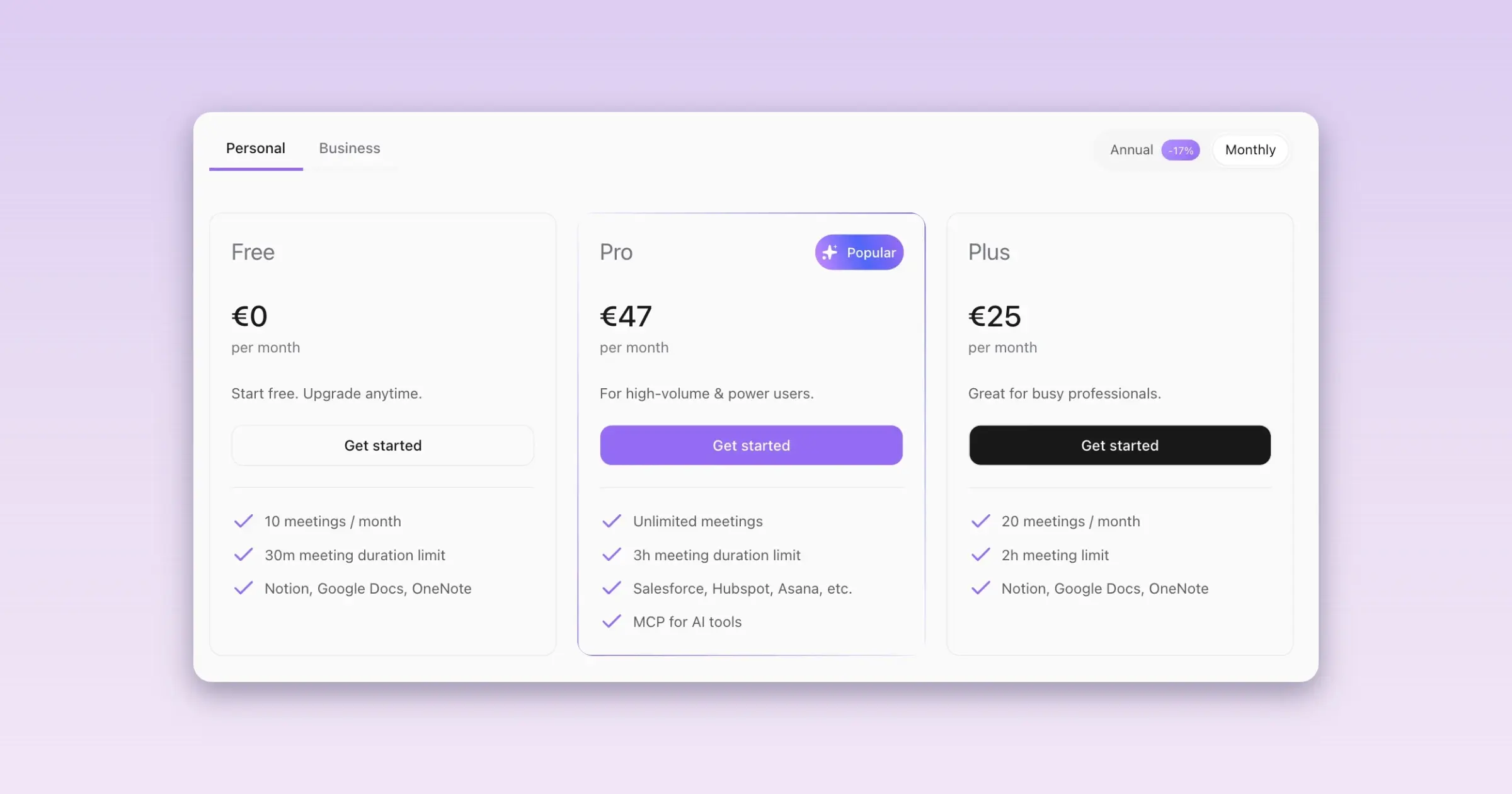 Jamie AI note taker pricing: Free 0 euro, Pro 47 euro, Plus 25 euro monthly