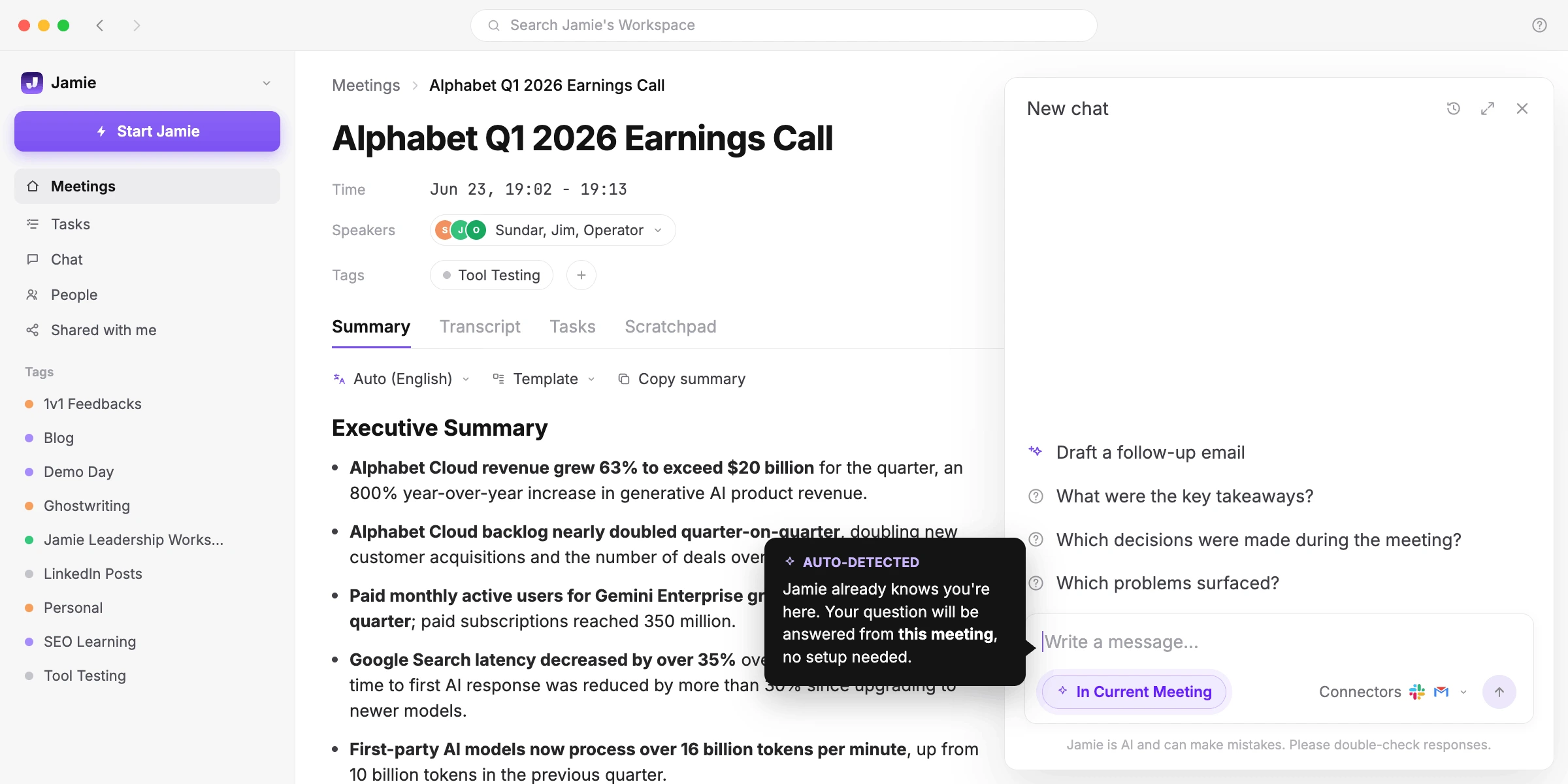 Jamie's Ask AI panel open on the Alphabet earnings-call meeting note, showing suggested prompts and the In Current Meeting scope.