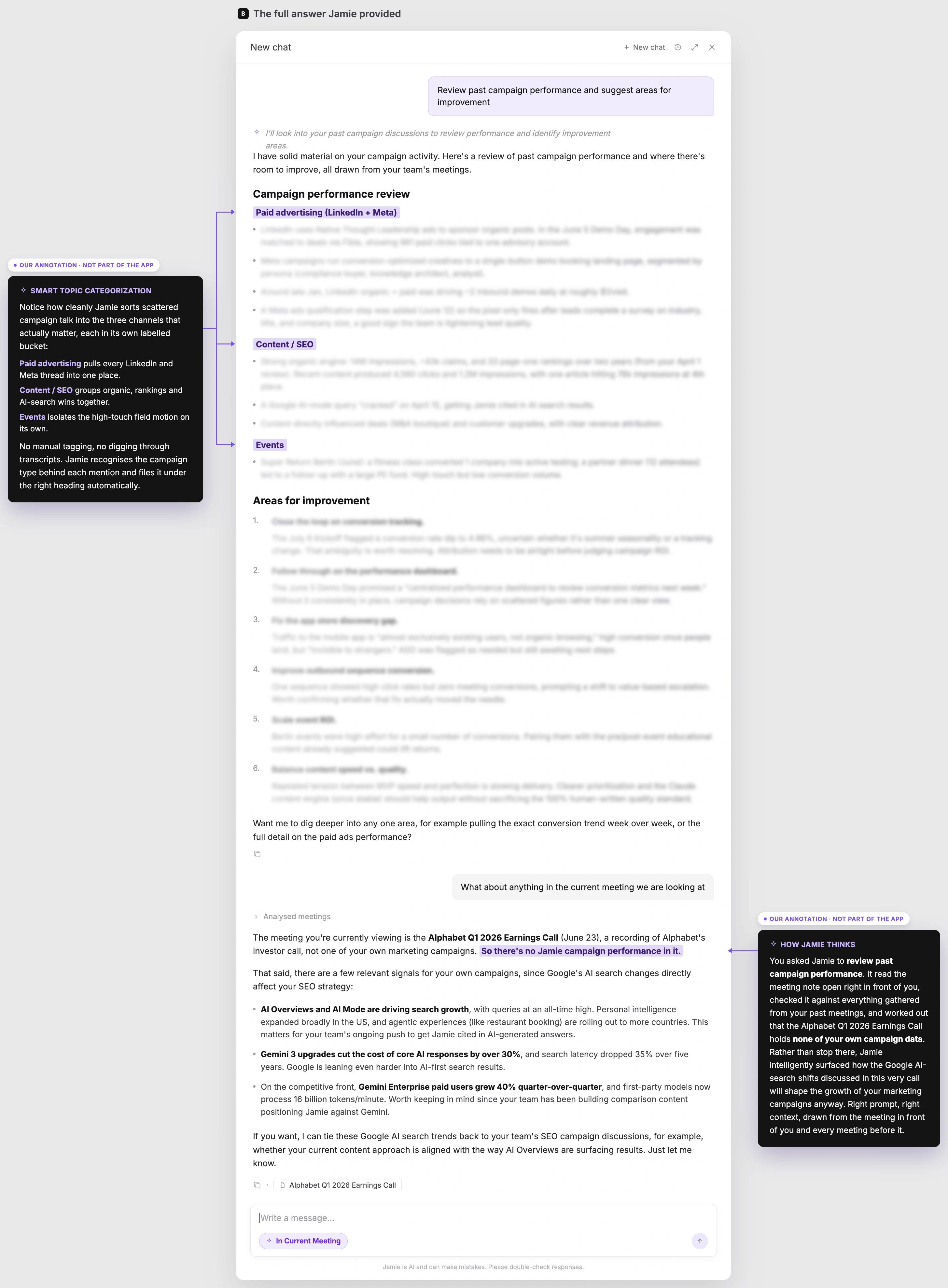 Jamie's Ask AI explaining that the Alphabet Q1 2026 earnings call holds none of your campaign data, while noting how Google's AI-search shifts could affect your marketing campaigns.