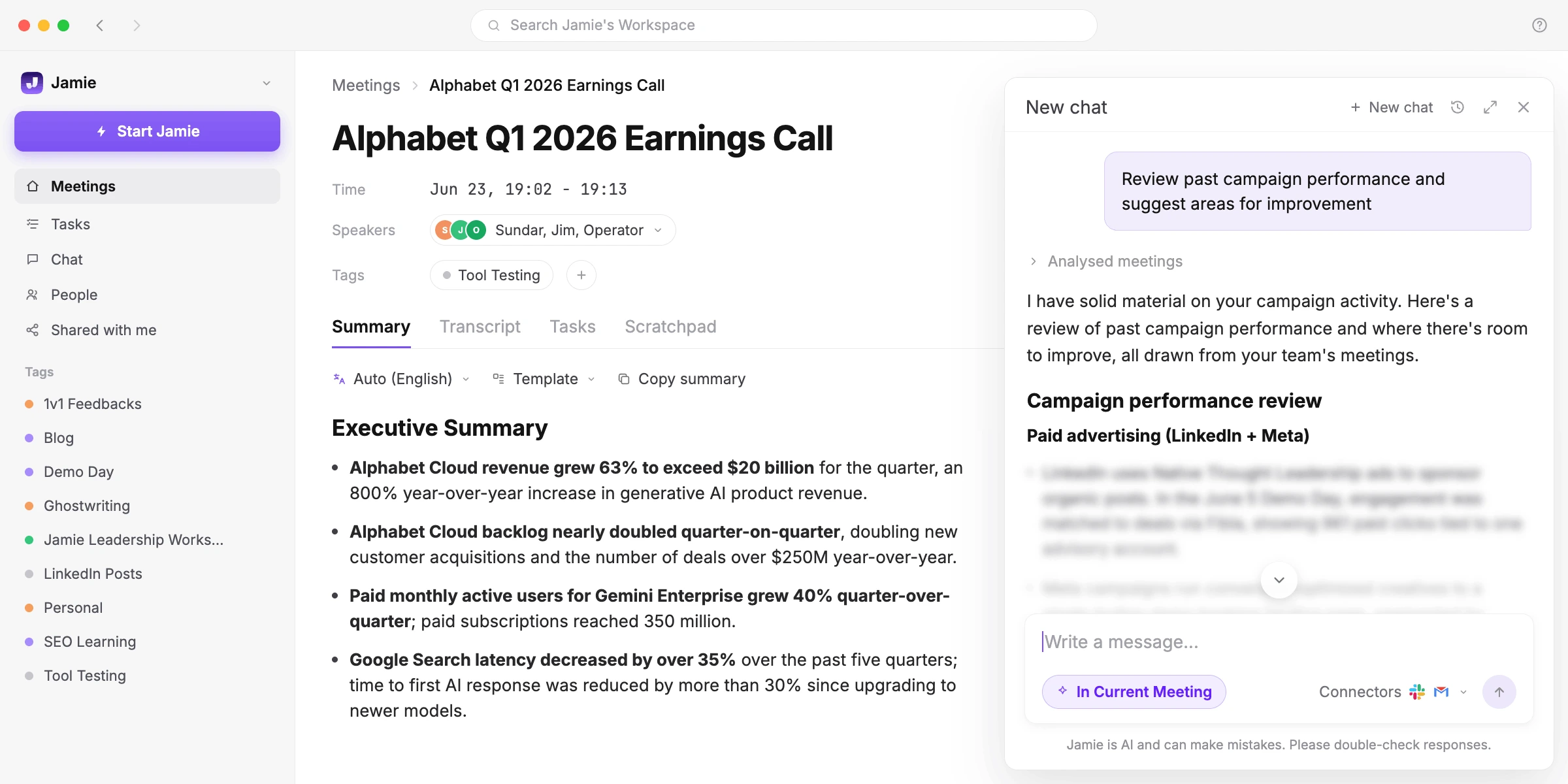 Jamie's Ask AI open inside the Alphabet earnings-call meeting note, set to answer questions about that meeting.