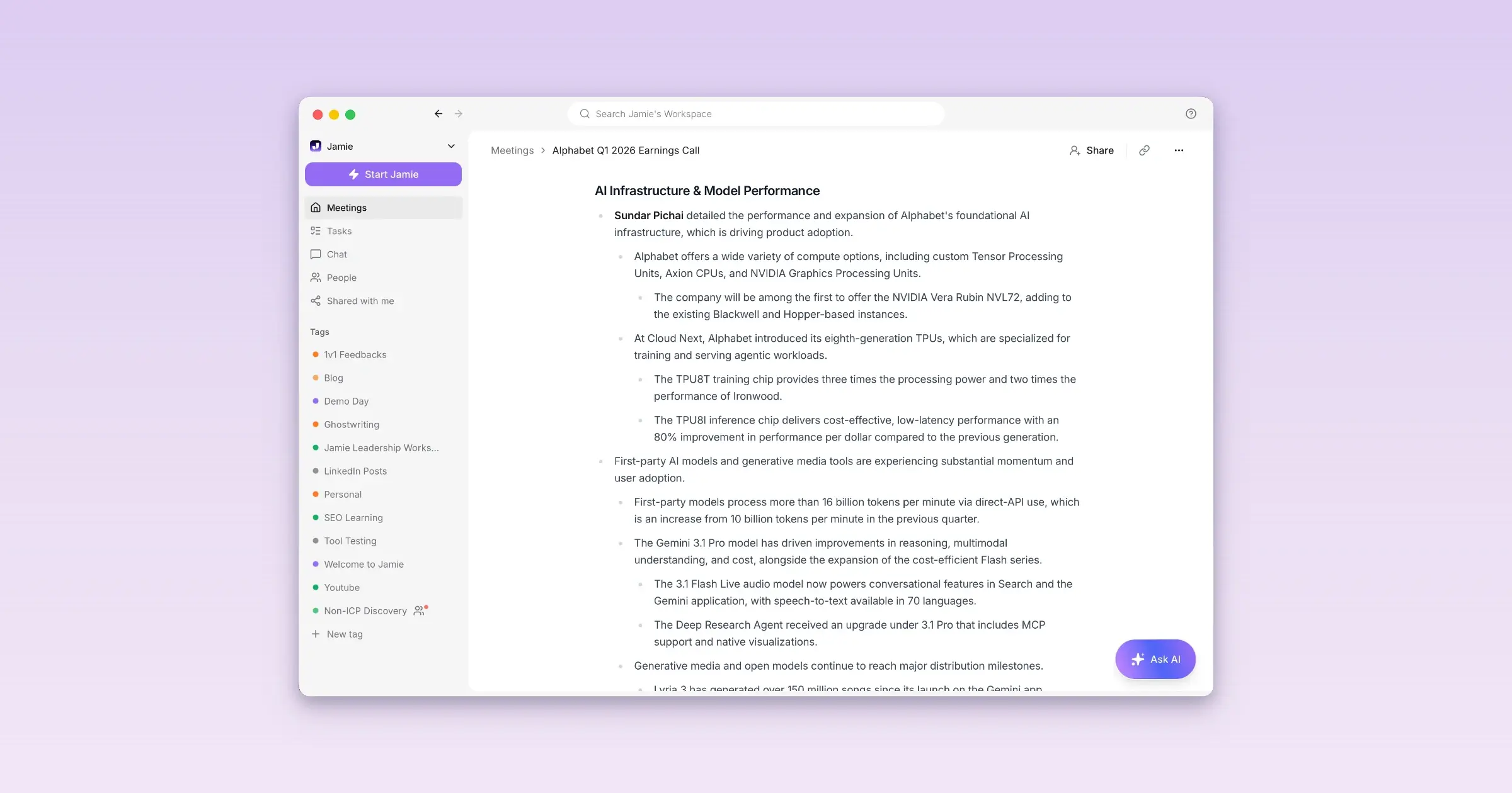Jamie extensive AI meeting notes shown as one long dense block to scan