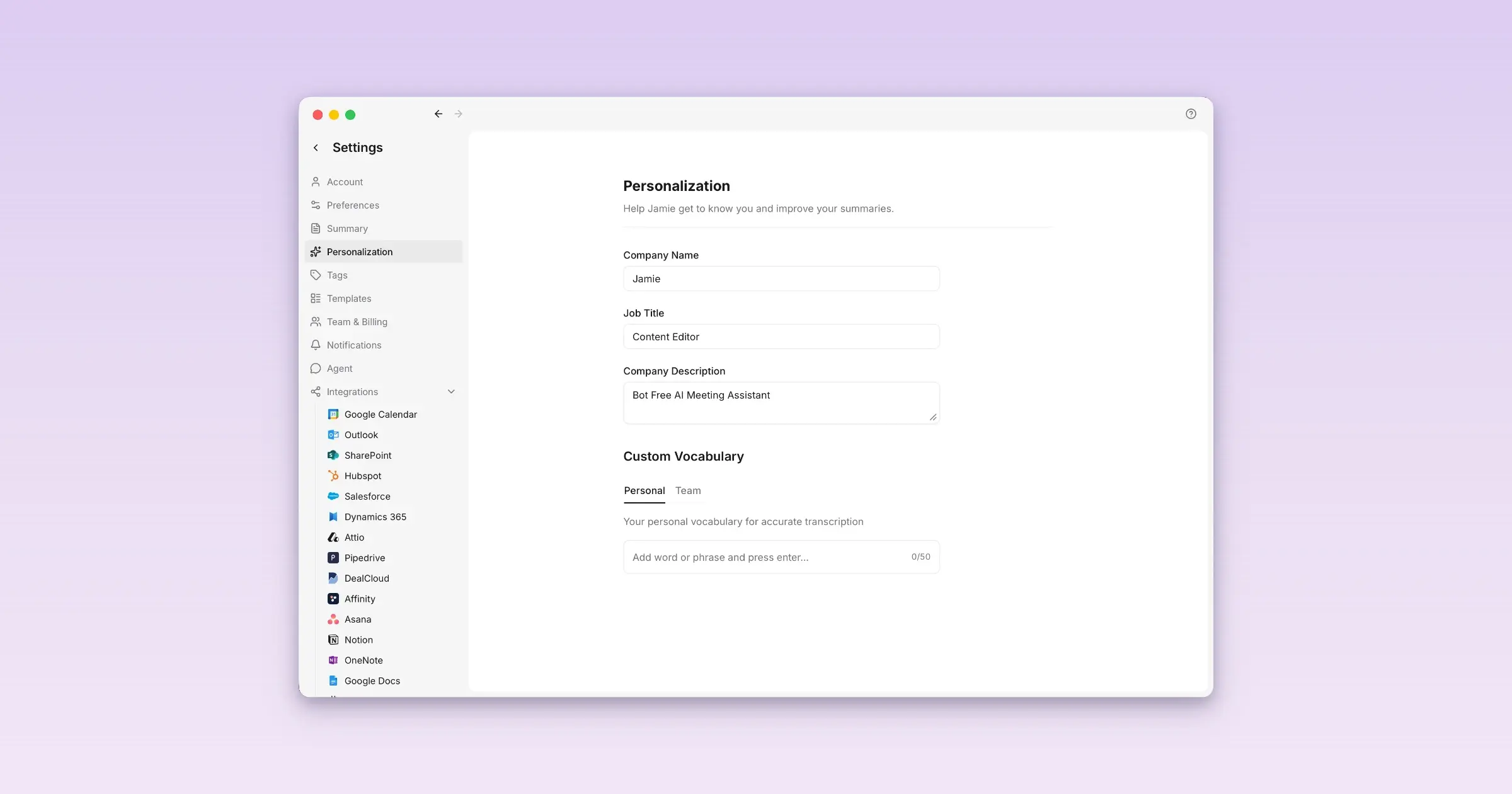 Jamie personalization with company name and role to tailor meeting summaries