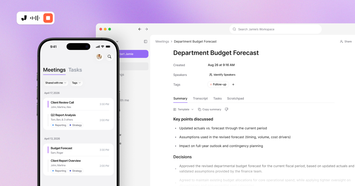 Jamie’s Dashboard With Meeting Notes, Action Items and Speakers