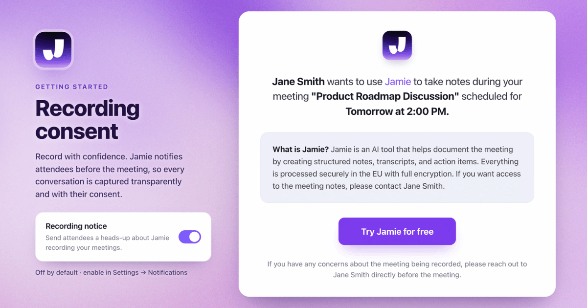 Jamie AI automated meeting recording notice email template demonstrating pre-call privacy posture configuration and participant consent notifications.