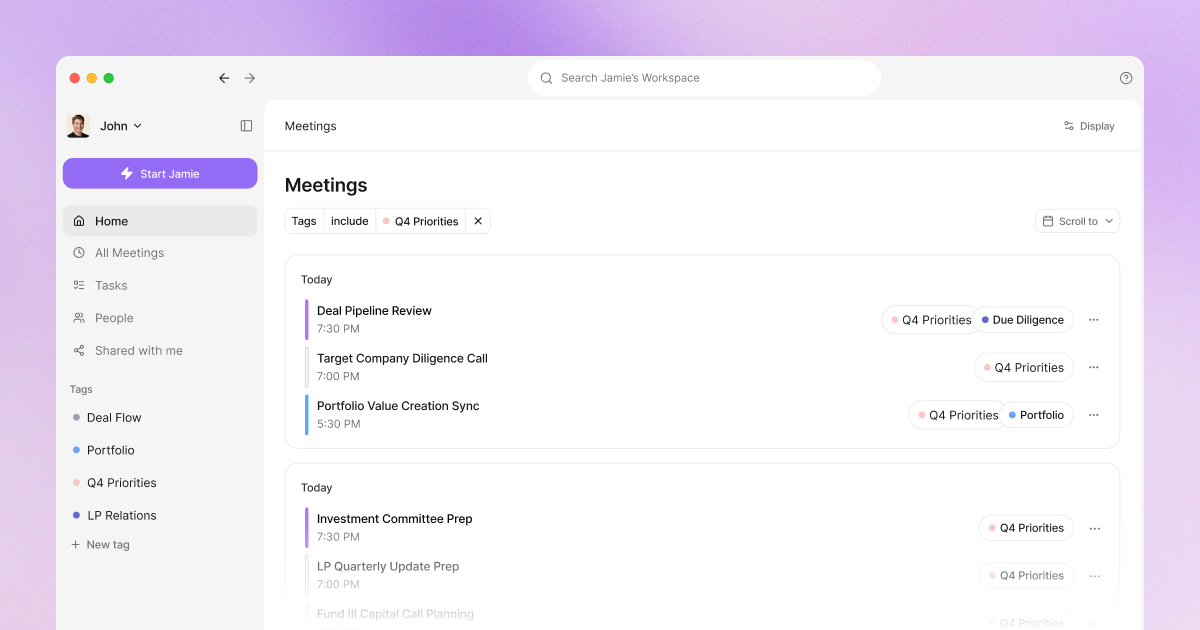 Jamie AI meeting assistant workspace dashboard displaying a filtered list of archived corporate meetings categorized by custom organization tags.