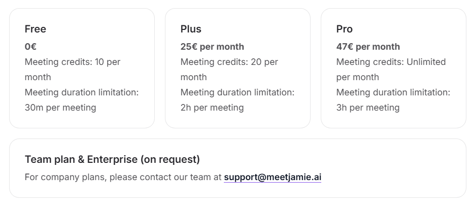 Jamie Pricing | granola vs bluedot vs jamie