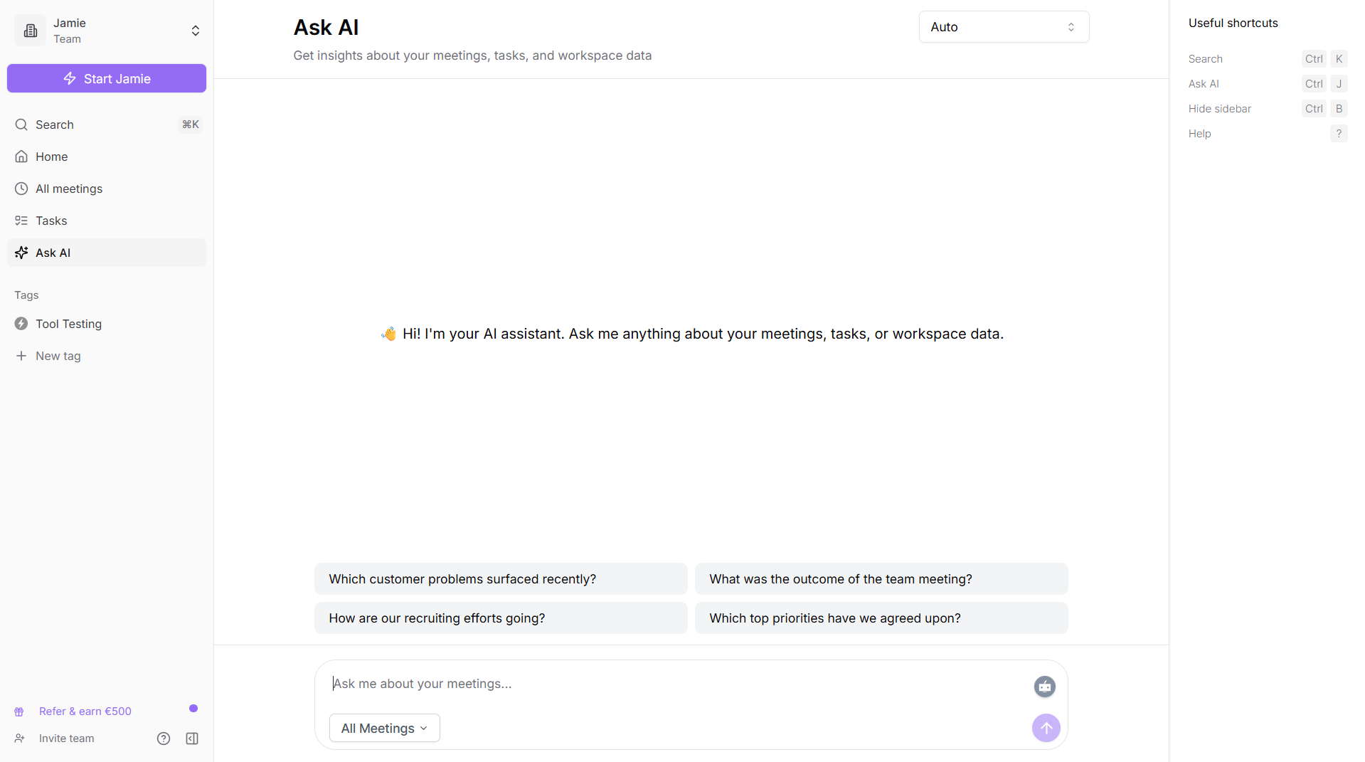 Jamieâs Ask AI lets you ask natural questions about past meetings and get instant answers.