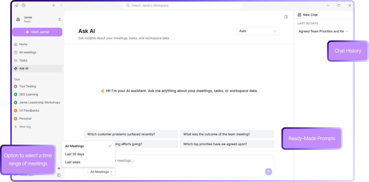 Jamie's Ask AI lets you query your entire meeting history in a chat-like interface. | bot-free fireflies ai alternatives 
