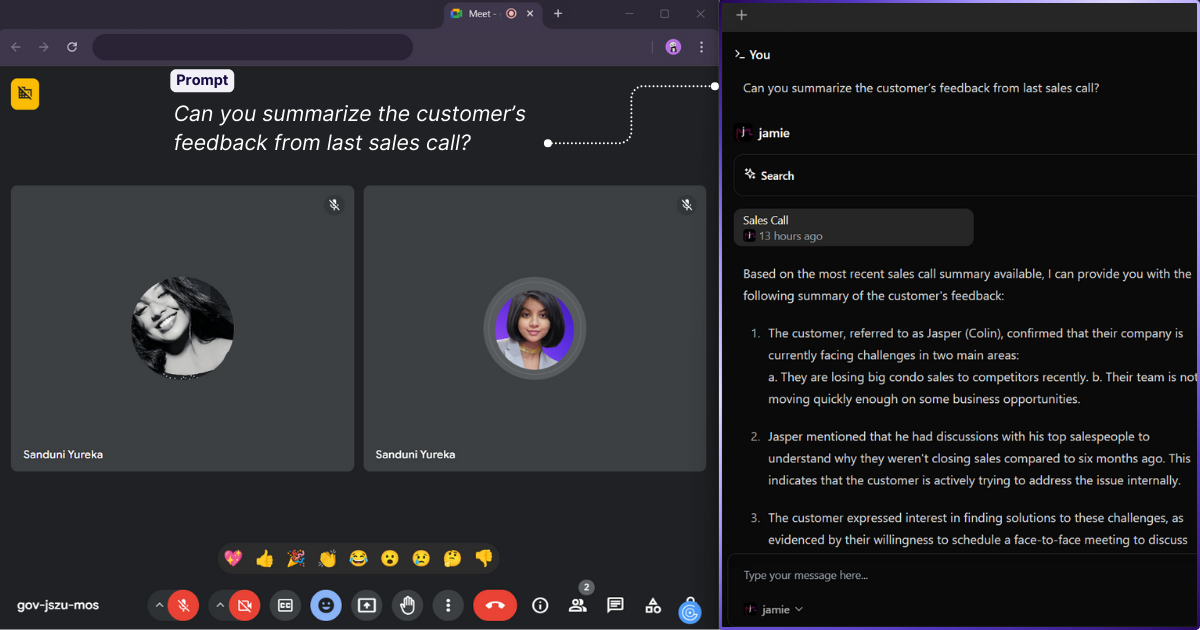 Jamie's Executive Sidebar Helping with Sales related Queries during a live meeting without interruption or causing any disturbance to the workflow of you or your attendee/client. 
