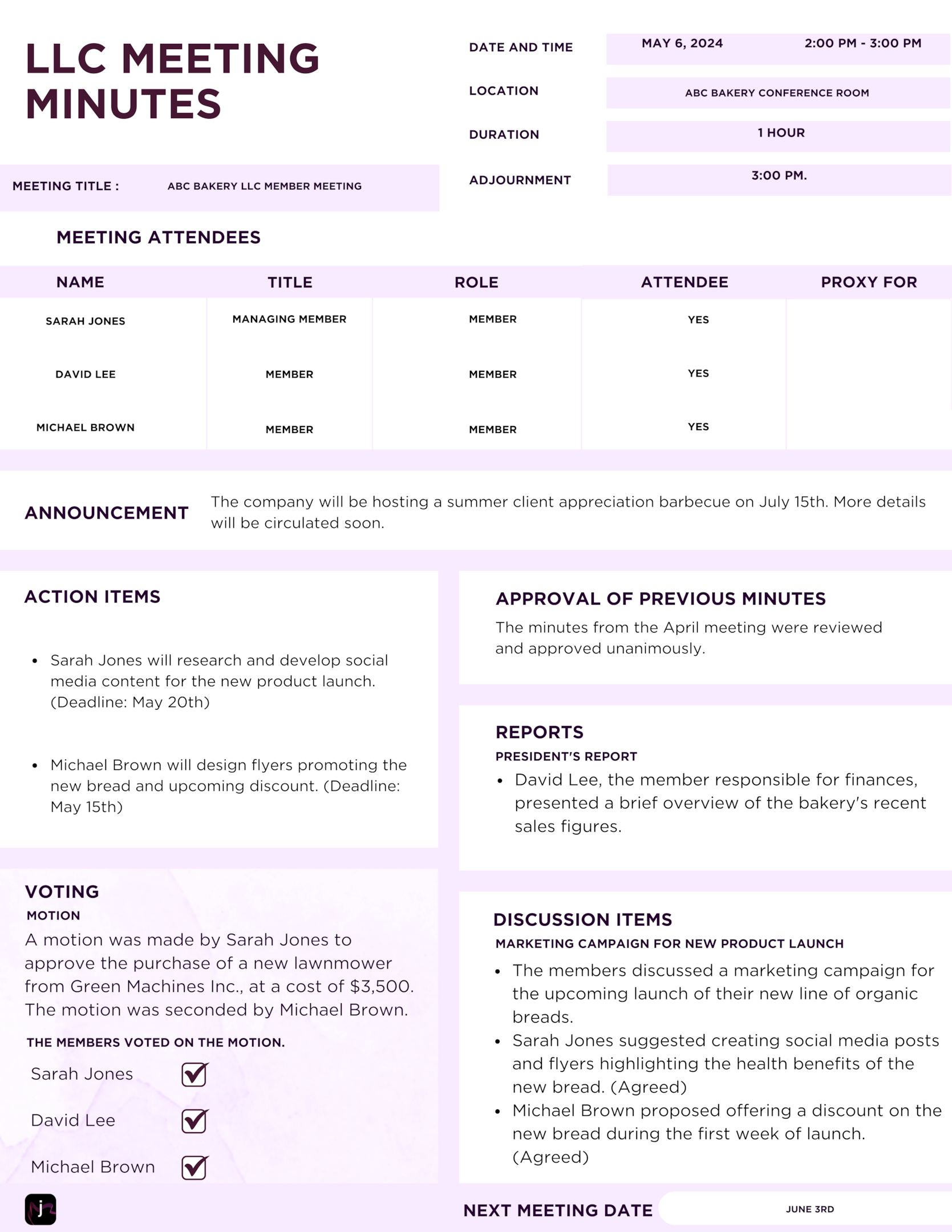 LLC Meeting Minutes Free Template Sample