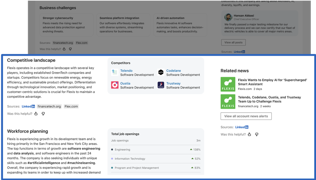 LinkedIn Sales Navigator Account IQ interface showing competitive landscape mapping and workforce planning data with engineering headcount growth metrics for private equity sourcing.