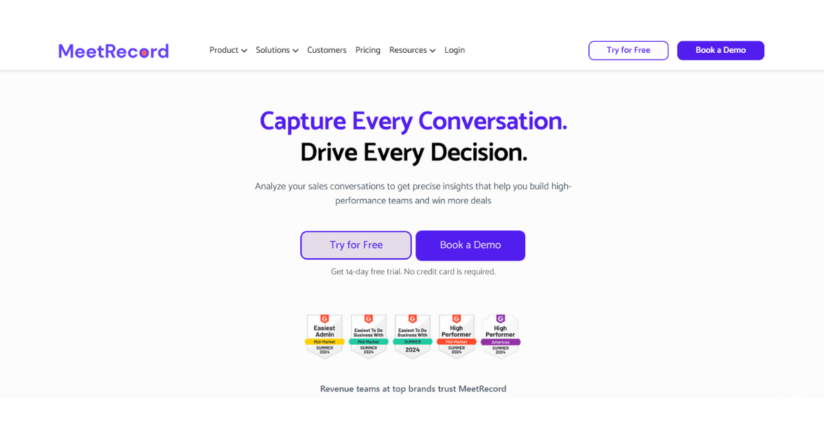 MeetRecord homepage highlighting features to capture and analyze sales conversations.