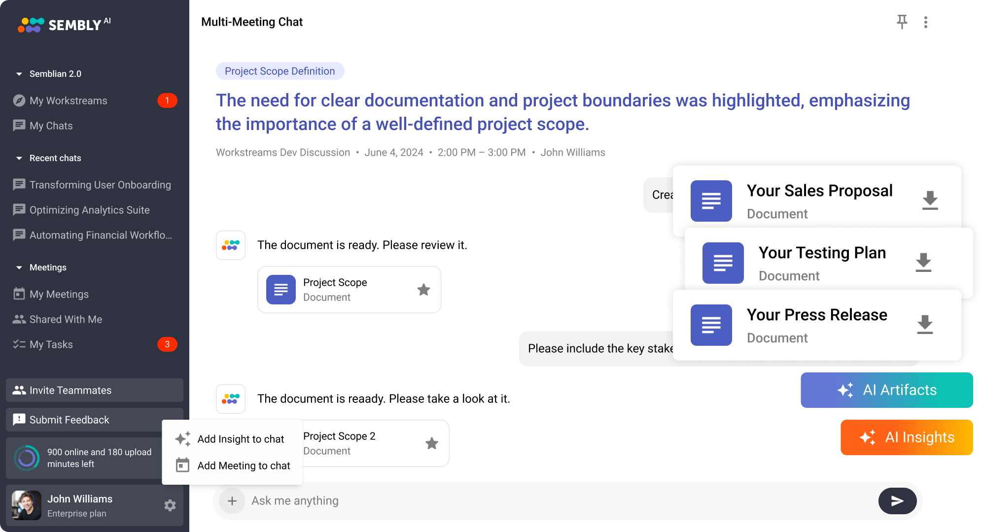 Meet Semblian 2.0 (New): AI Artifacts, Multi-Meeting Chats, and AI Insights | meeting minutes software