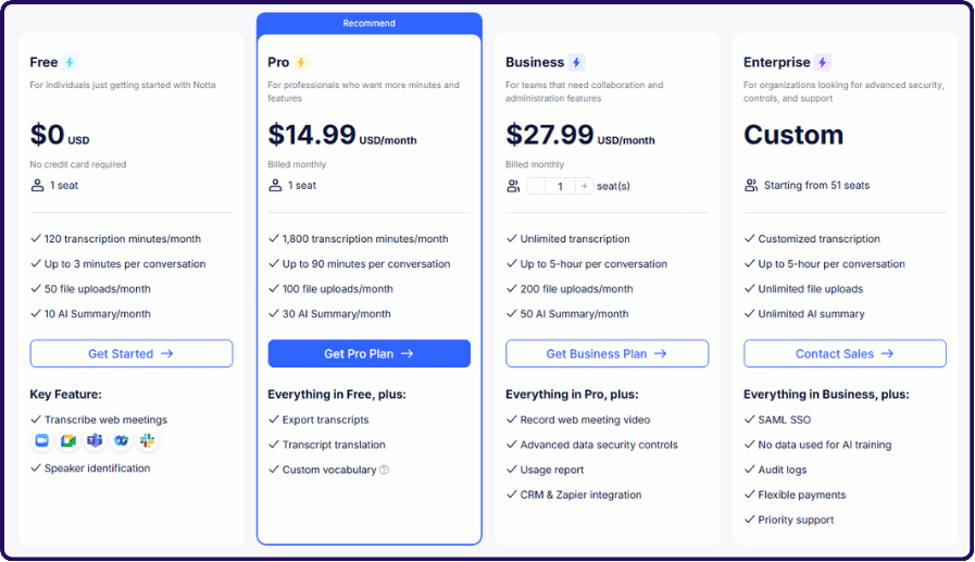 Notta ai full pricing plan overview | notta pricing