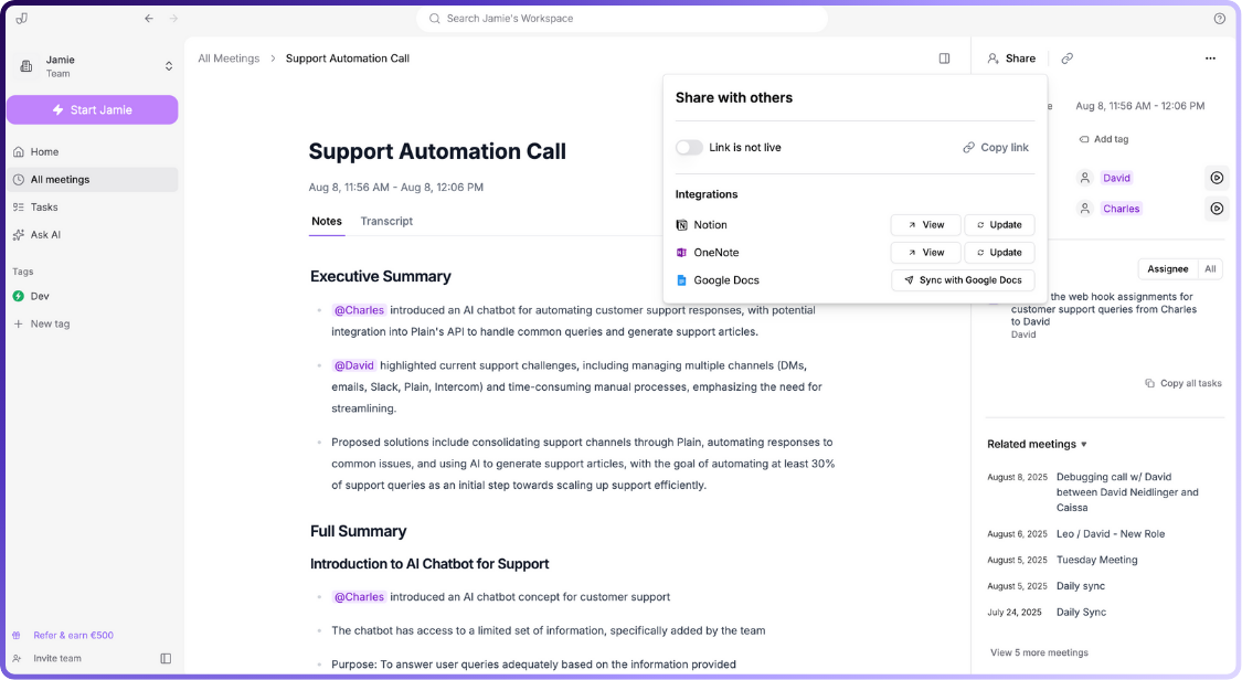 Onenote integration with Jamie , a bot free notetaker for google meet