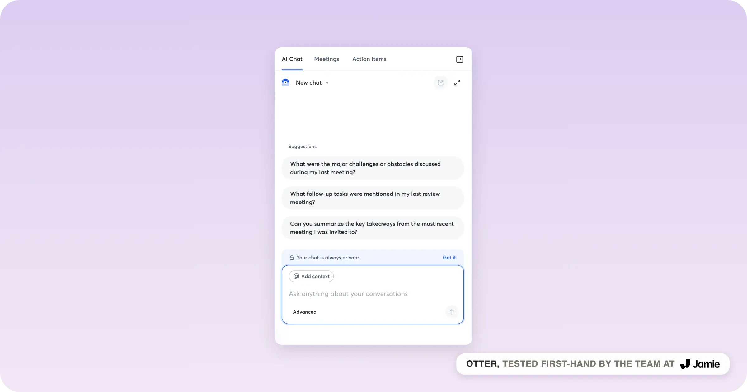 Otter AI Chat suggesting questions to ask about past meetings across all your conversations