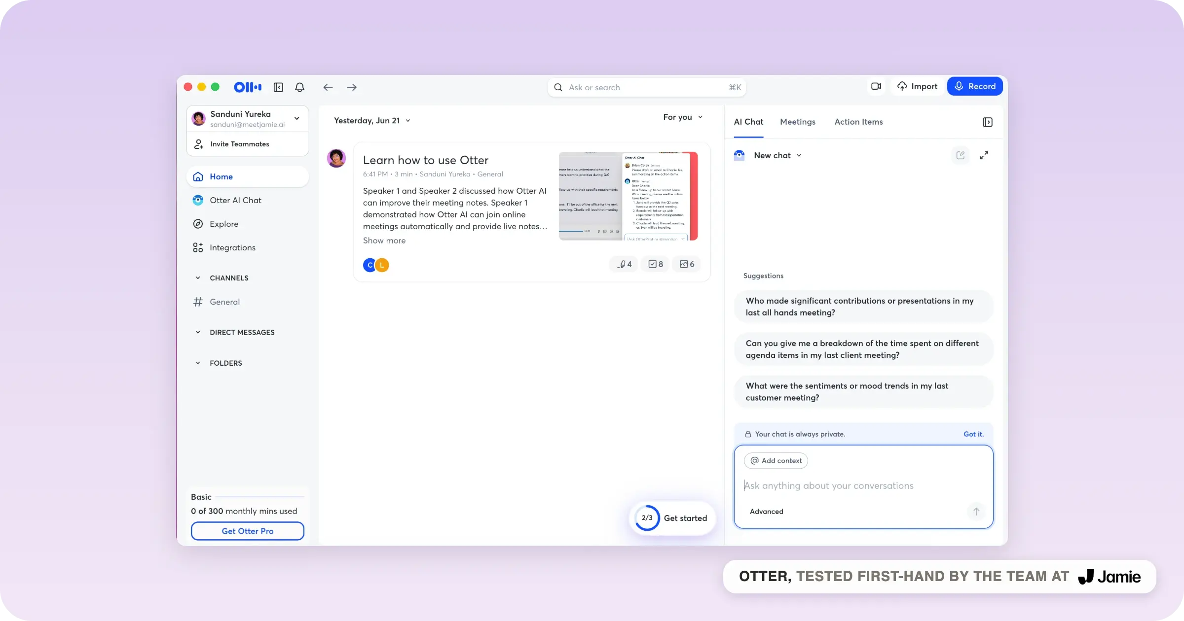 Otter AI note taker dashboard with the meeting feed, AI Chat panel and upcoming-meetings summary