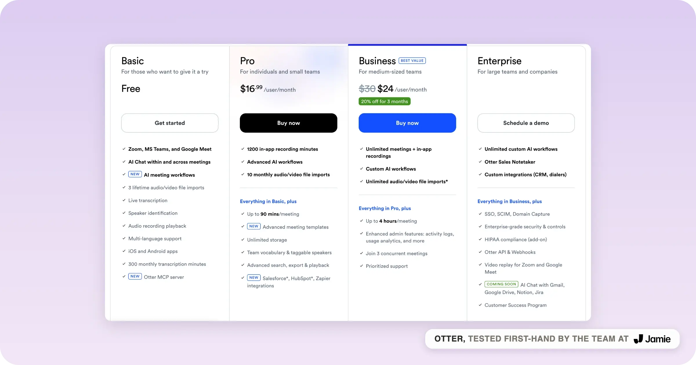 Otter AI note taker pricing, Basic free, Pro $16.99, Business $30 and custom Enterprise