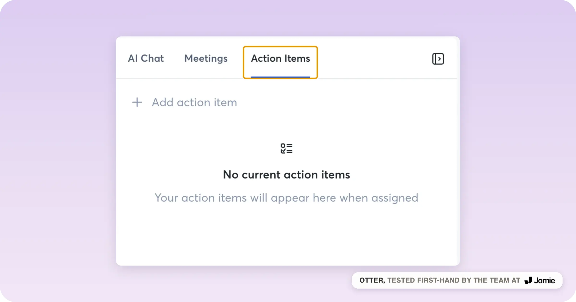 Otter Action Items tab where the AI note taker collects follow-up tasks from each meeting