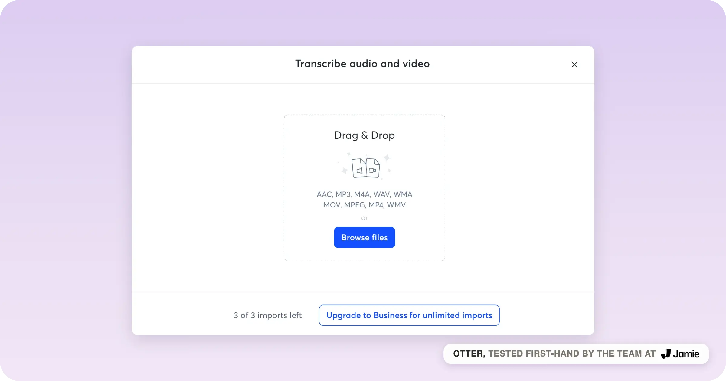 Otter free plan capped at 3 of 3 audio imports before prompting an upgrade to Business