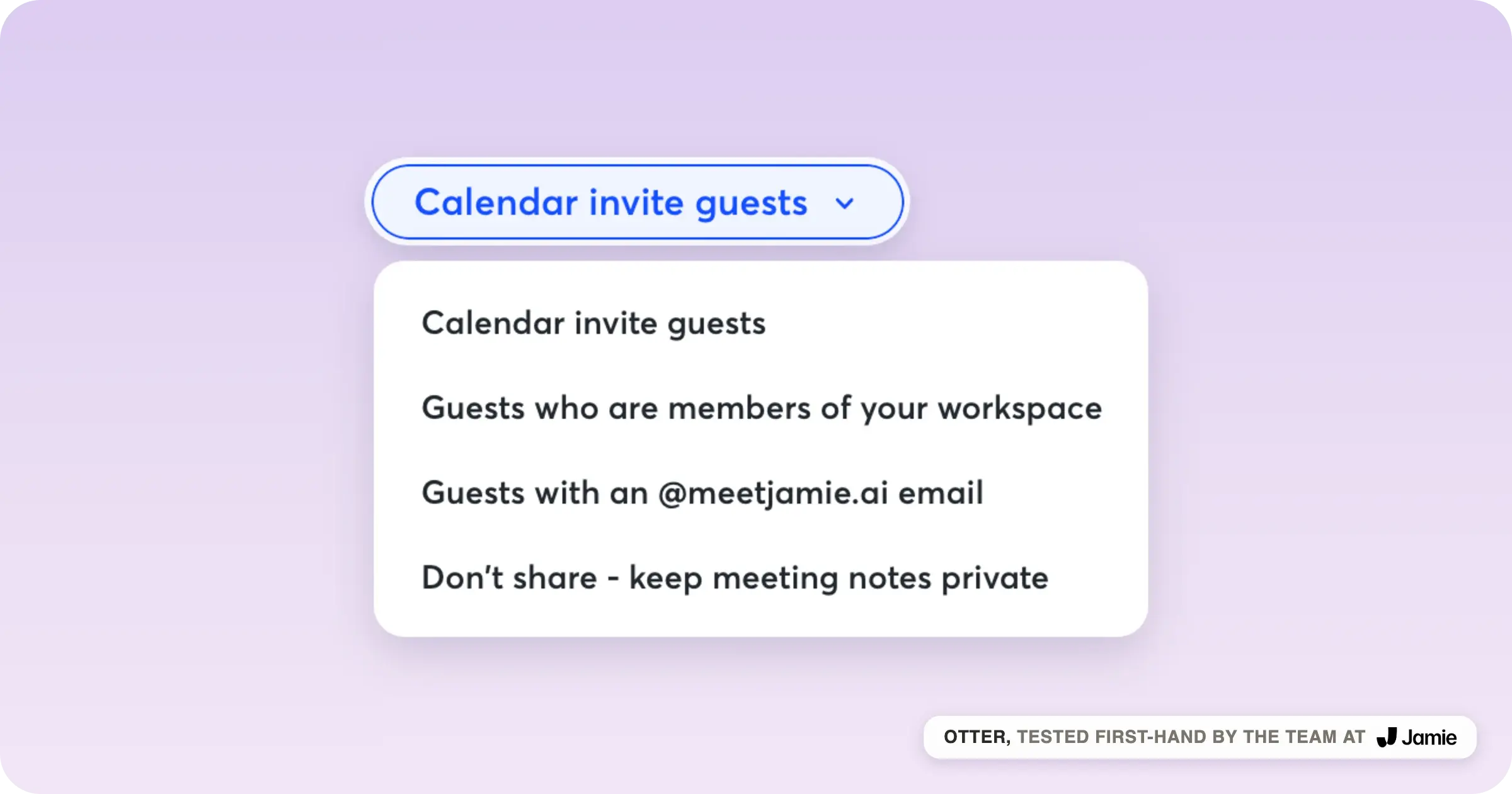 Otter note-sharing menu defaulting to calendar guests, with keep-private listed last