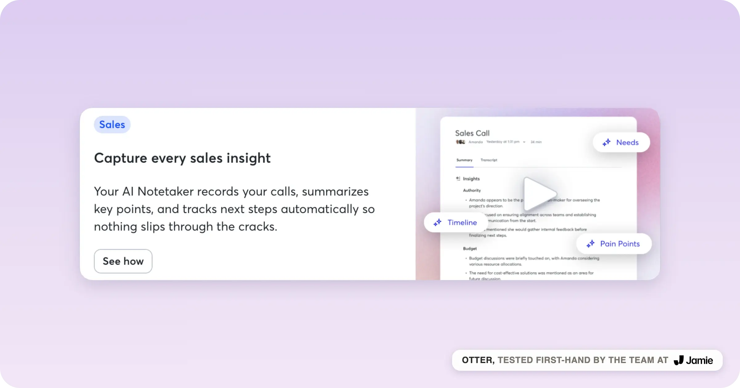 Otter’s sales template surfacing AI meeting insights, buyer needs, timeline and pain points