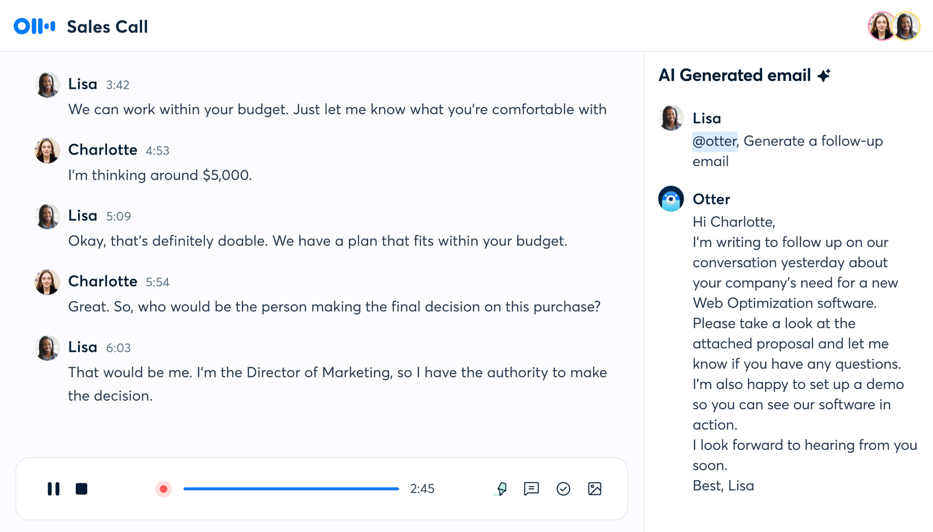 Otter AI follow-up email generation