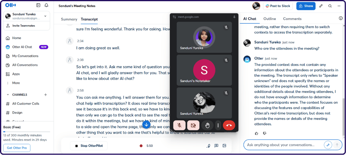 Otter AI live transcription and AI Chat