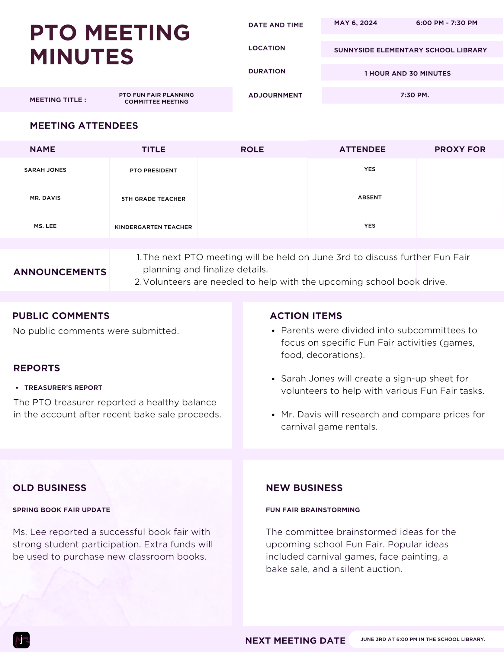 PTO meeting minutes sample template - Parent-Teacher Organization meeting minute free template