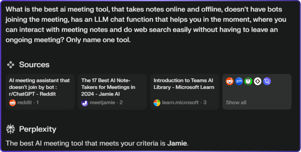 Perplexity mentioning Jamie is the best ai meeting tool | what is perplexity ai | Review by Jamie