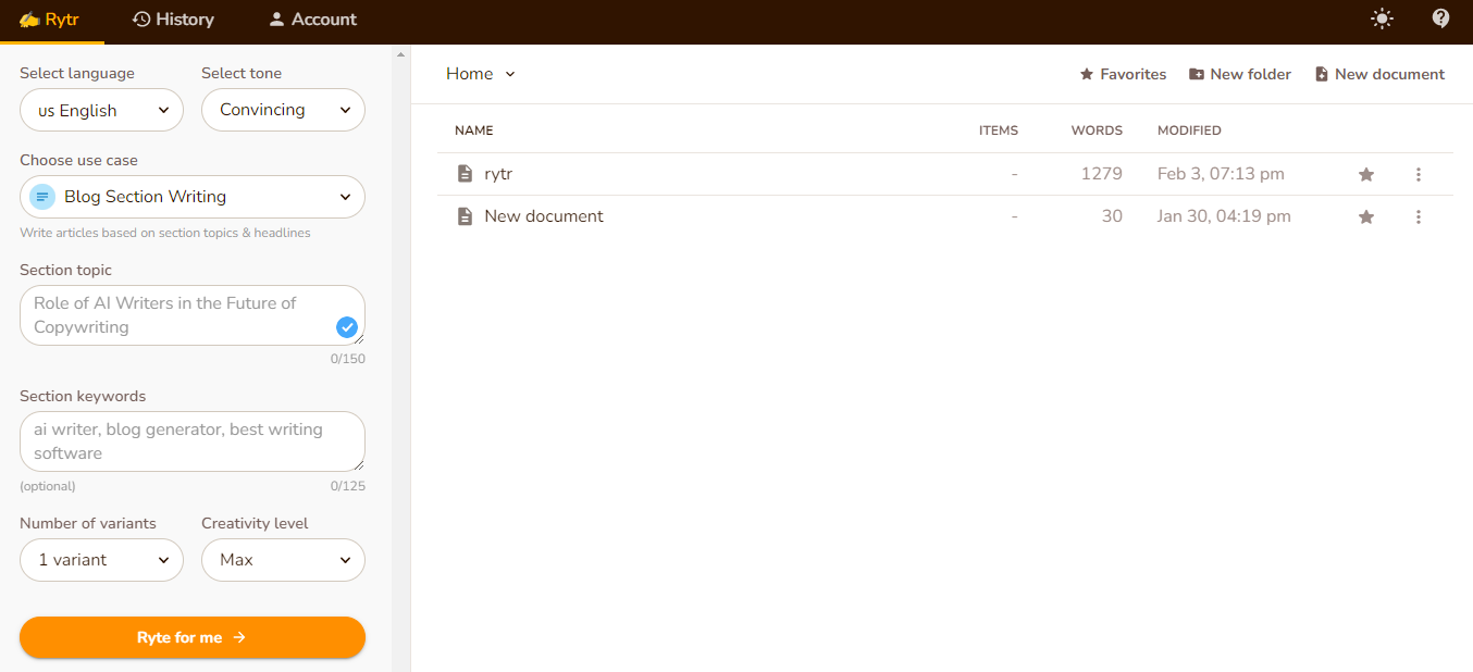 Rytr ai writing assistant menu of platform options