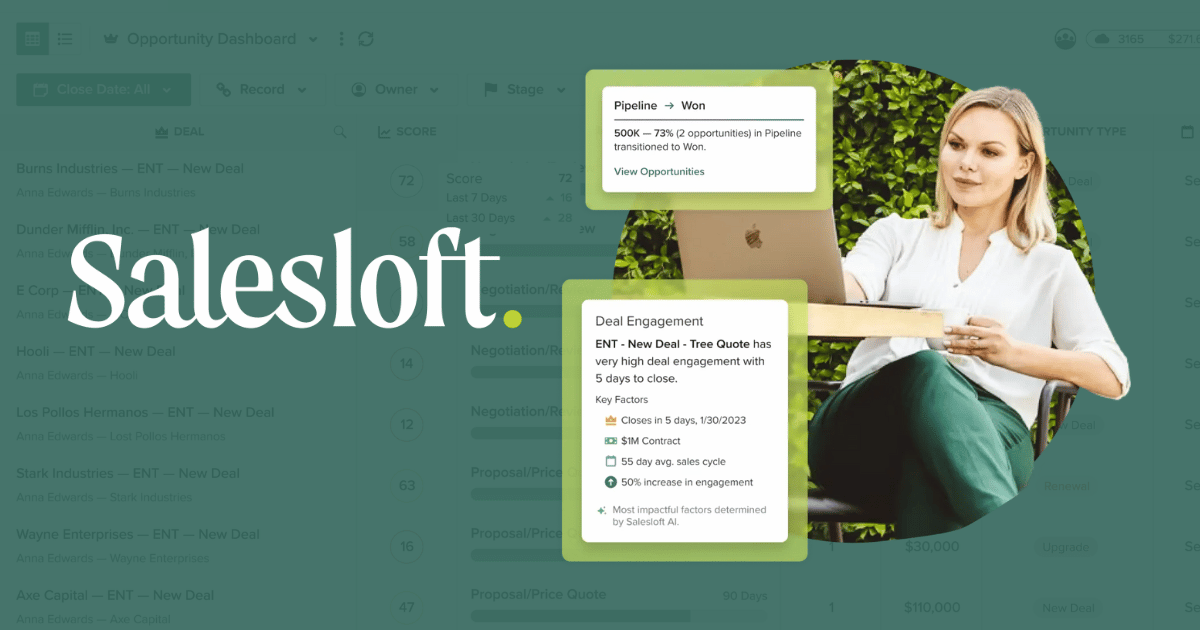 SalesLoft homepage highlighting tools for email cadence, deal monitoring, and call analysis