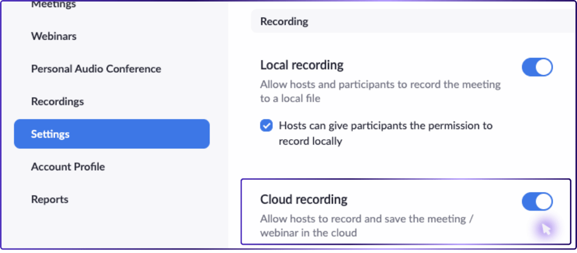 Screenshot of Zoom settings menu highlighting options for local and cloud recording during a Zoom meeting.