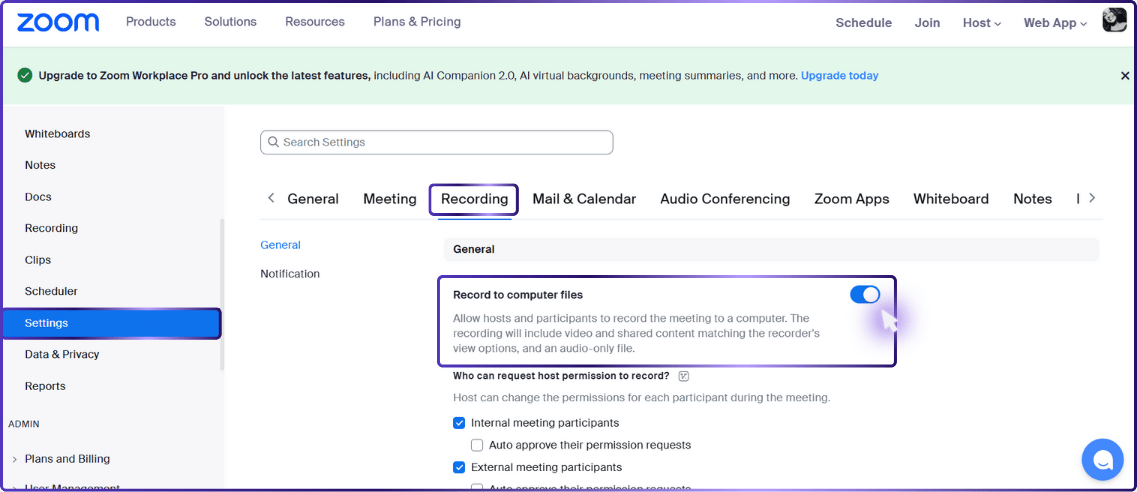 Screenshot of Zoom's recording settings page, detailing options to enable recording to computer files during a Zoom meeting.