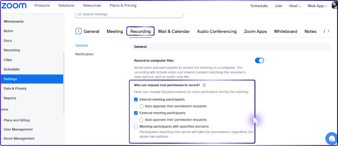 Screenshot of Zoom's recording settings page, showing options for recording to computer files and setting permissions for who can request to record a meeting.