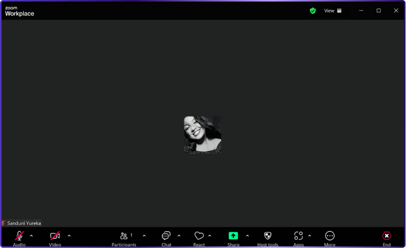 Screenshot of a Zoom meeting interface showing a participant named "Sanduni Yureka" with her video on, displayed in black and white.