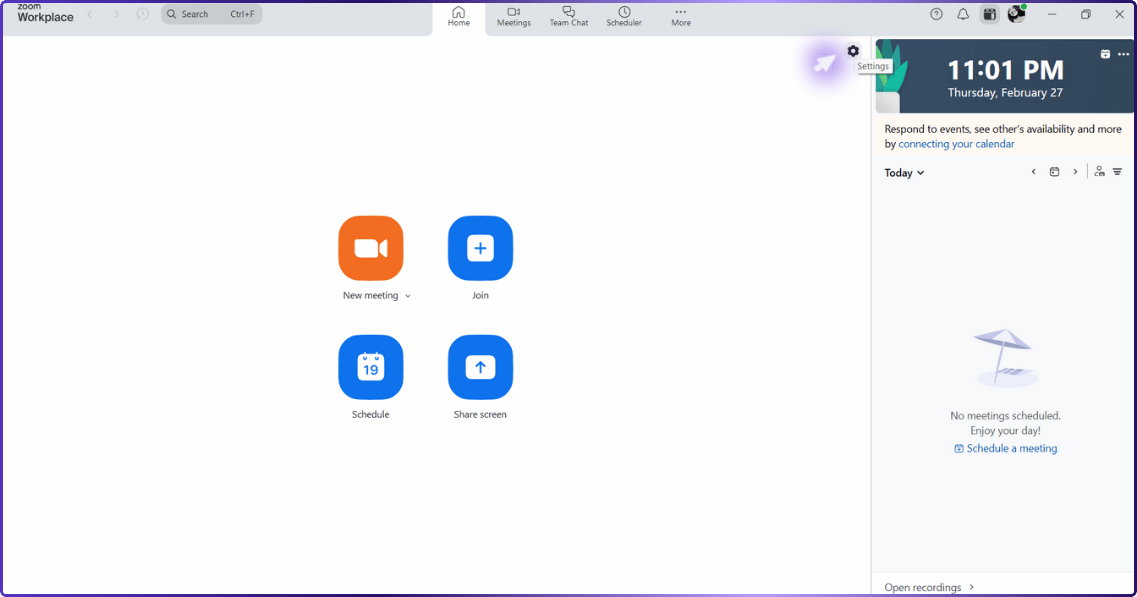 Screenshot of the Zoom Workplace dashboard displaying options for new meetings, joining, scheduling, and screen sharing.