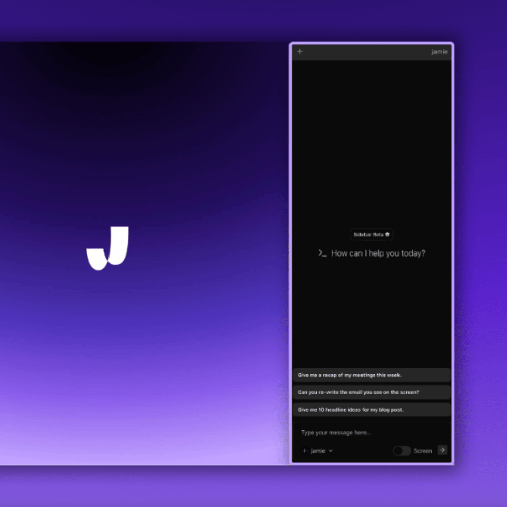 Screenshot showing Jamie's "Sidebar" chat feature. The image illustrates how users can type questions about past meeting content to quickly get relevant information from the meeting transcript and meeting minutes. The background has a purple gradient.