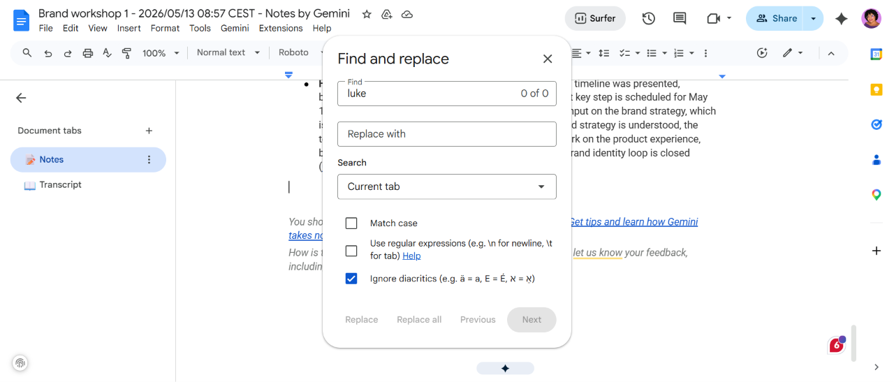 Google Docs Find and Replace searching "luke" in Gemini's Brand Workshop 1 notes returns 0 of 0 results, even though Luke ran the entire workshop
