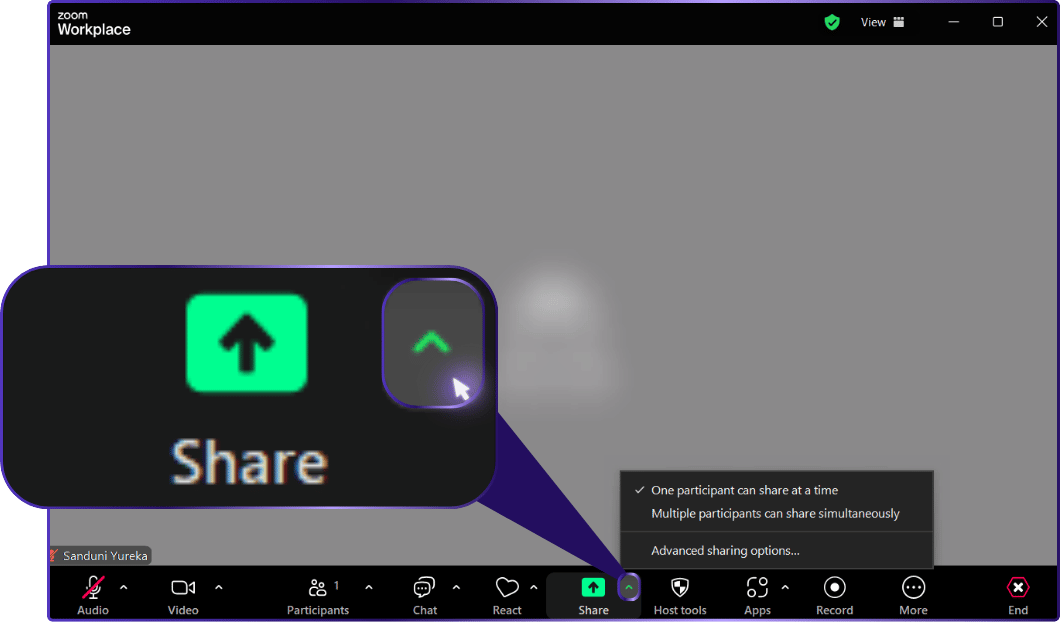 Step 03: Click the upward arrow next to the Share Screen in the toolbar. | how to share a screen on zoom