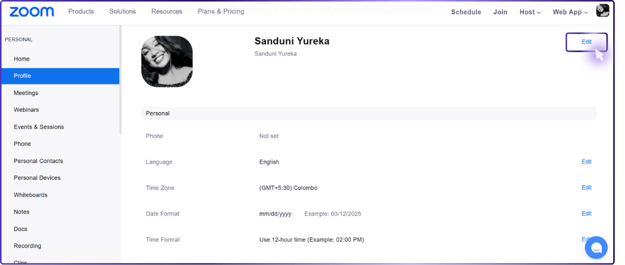 Step 03: Find where your name is shown and click the 'Edit' button next to it. | how to change name on zoom
