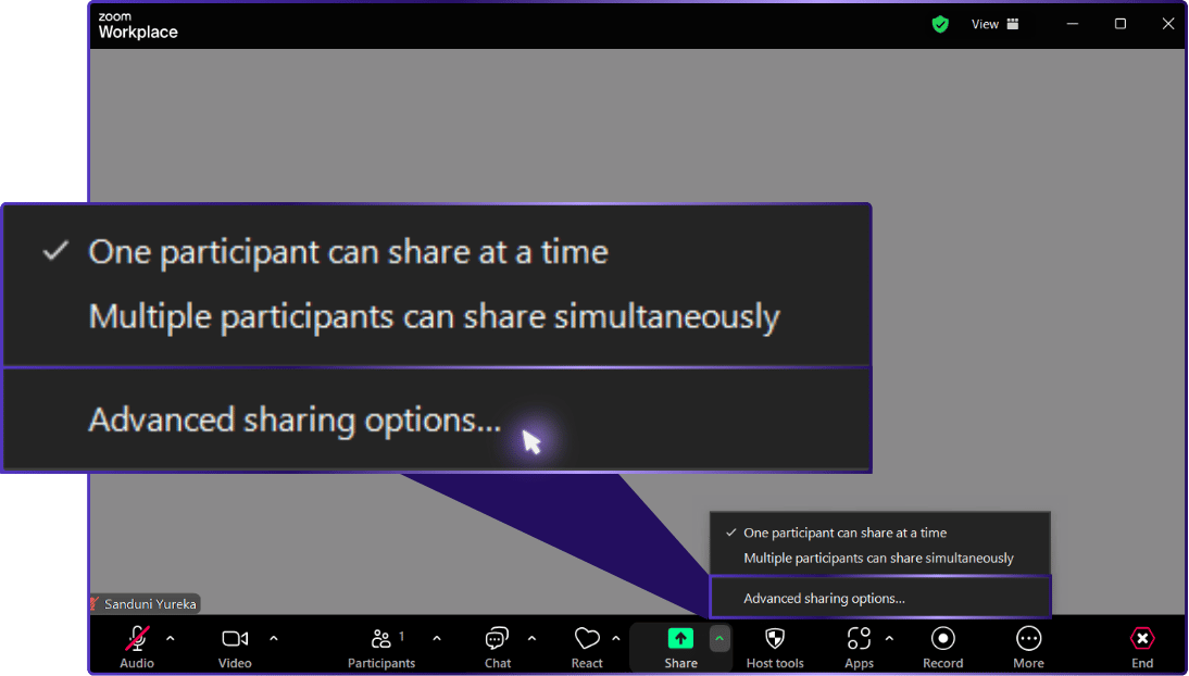 Step 04: Click Advanced Sharing Options (a pop-up window will appear). | how to share a screen on zoom