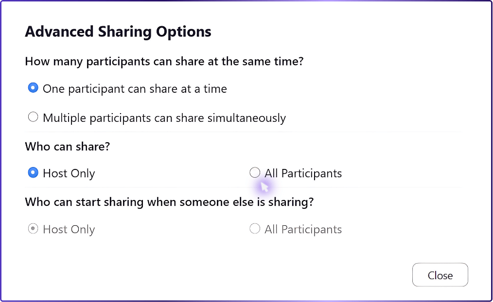 Step 04: Under Who can share, select "All Participants". | How to Enable Screen Sharing on the Web Version of Zoom | how to share a screen on zoom