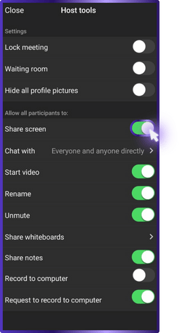 Step 05: Toggle Share Screen ON. | how to share a screen on zoom