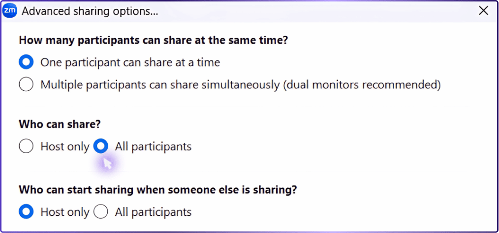 Step 05: Under Who can share, select All Participants. | how to share a screen on zoom